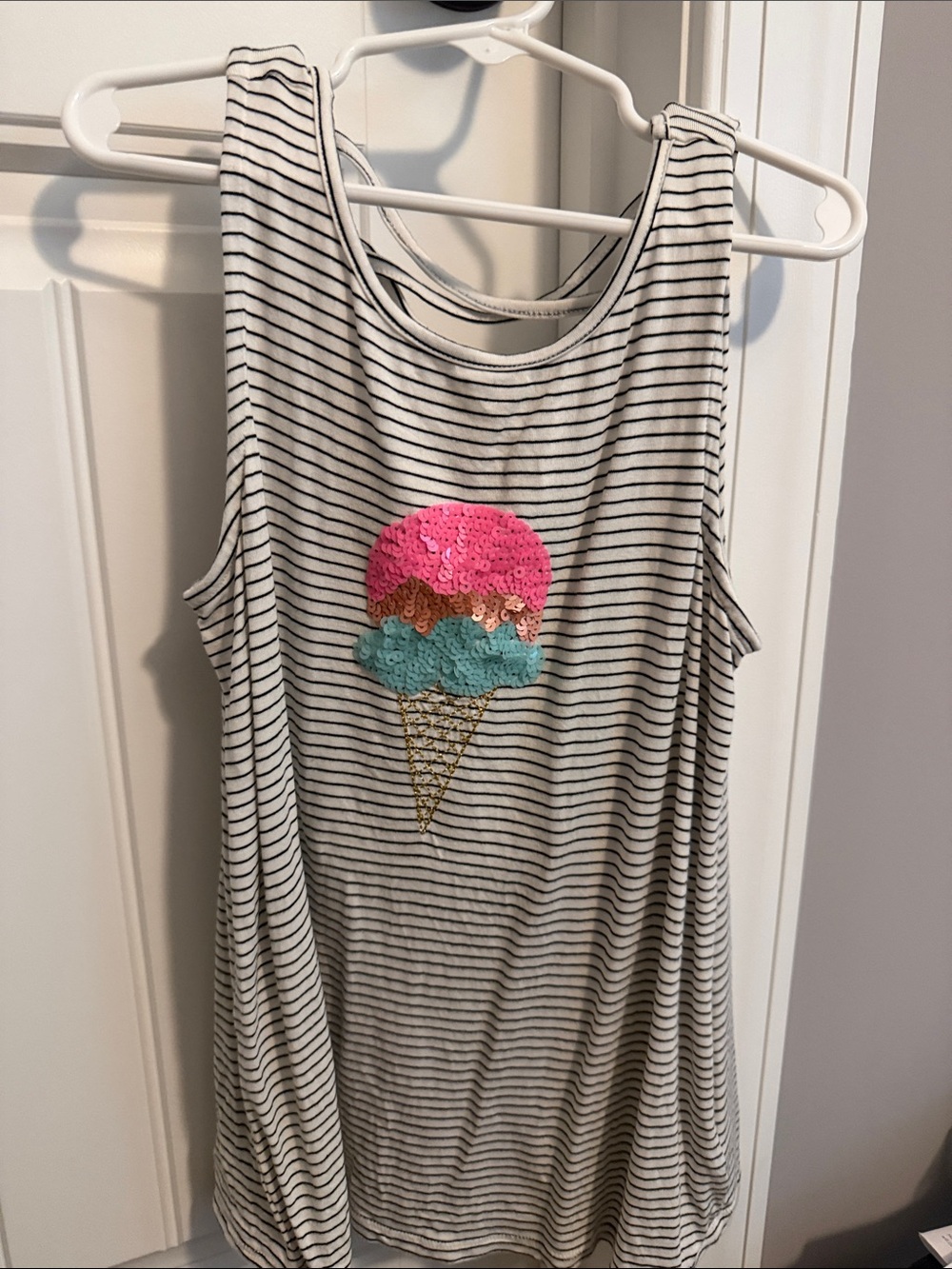 Girls' Striped Tank Top with Pink, Teal & Gold Sequin Ice Cream